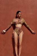 Andrea Iyamah DOLA 2-piece bikini top in Vibrra print, featuring vibrant colors and stylish design perfect for swimwear.