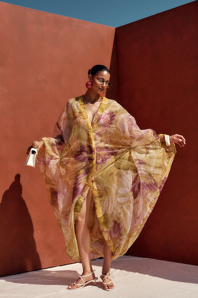 Andrea Iyamah Labu Organza Robe in Vibra Print, featuring lightweight sheer fabric with vibrant, artistic floral design.