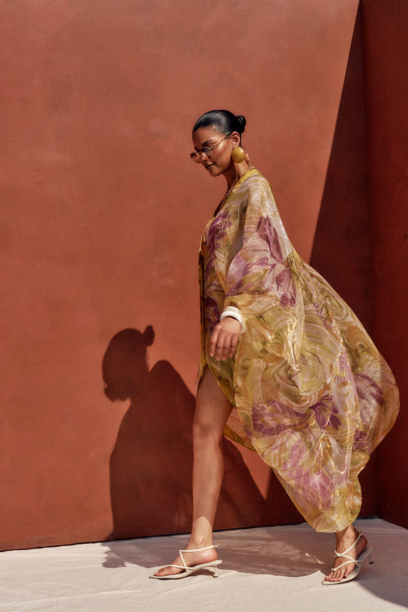 Andrea Iyamah Labu Organza Robe in Vibra Print, lightweight and flowy with vibrant colorful patterns and delicate fabric details.