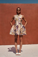 Andrea Iyamah Venti Jacquard Dress in Vibra Print, a stylish mini dress with vibrant jacquard pattern, shown in lookbook image.