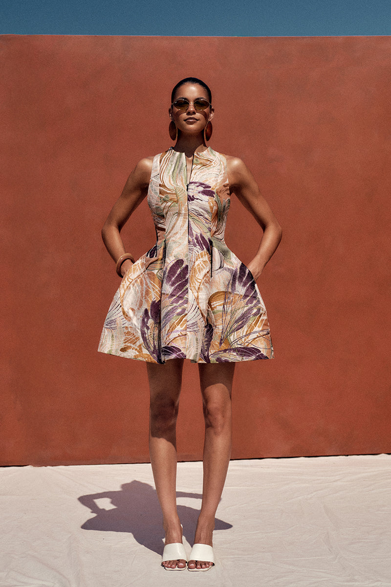 Andrea Iyamah Venti Jacquard Dress in Vibra Print, a stylish mini dress with vibrant jacquard pattern, shown in lookbook image.