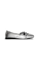 Side view of Christin Wu Annaya flats in silver, showcasing their sleek, pointed toe design and elegant slip-on style.