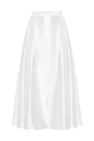 PODYH Iris midi skirt in cloud white, lightweight fabric with a flowy design, styled with a high waist and elegant silhouette.