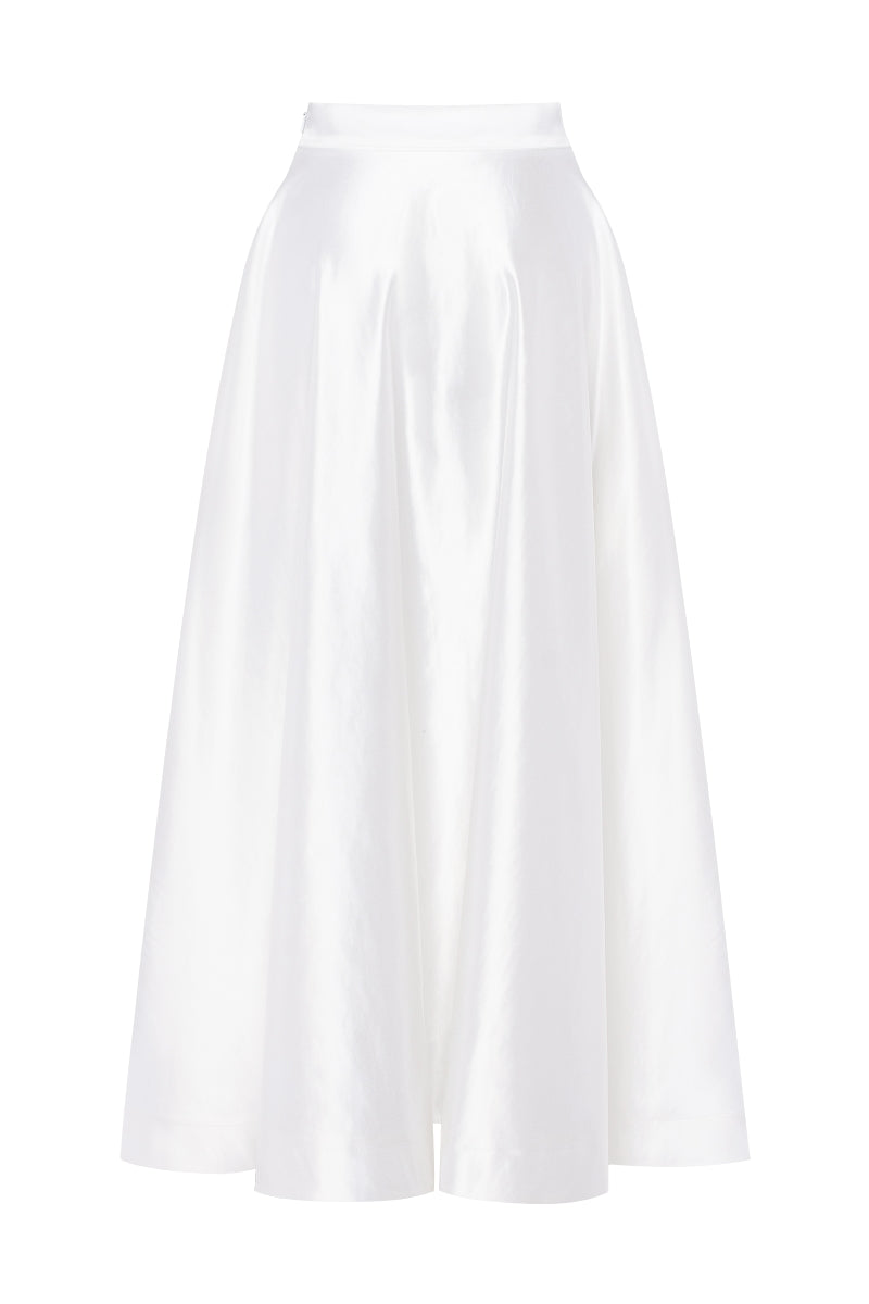 Podyh Iris midi skirt in cloud white, lightweight fabric with a flowy silhouette, displayed on a hanger against a neutral background.