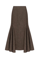 Podyh Seccesia midi skirt in rich brown, showcasing a flowing design and elegant length perfect for stylish outfits.