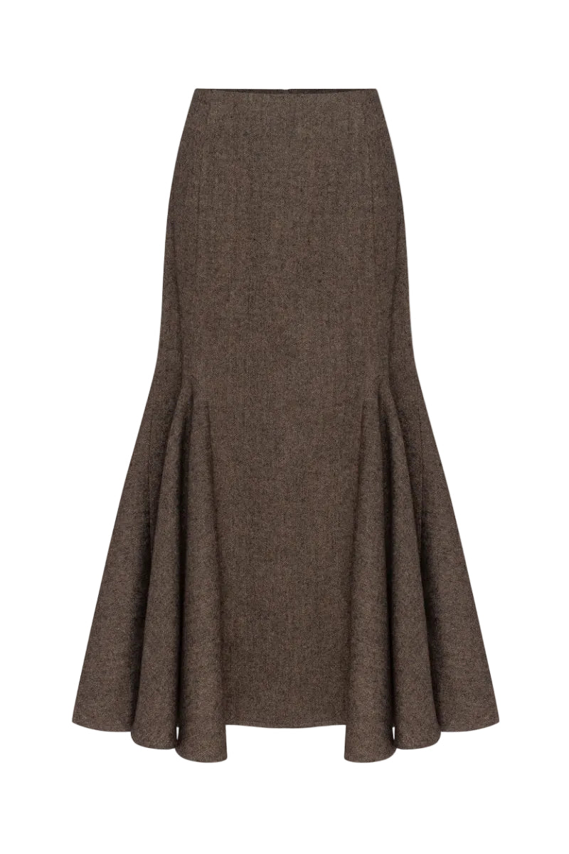 Podyh Seccesia midi skirt in rich brown, showcasing a flowing design and elegant length perfect for stylish outfits.