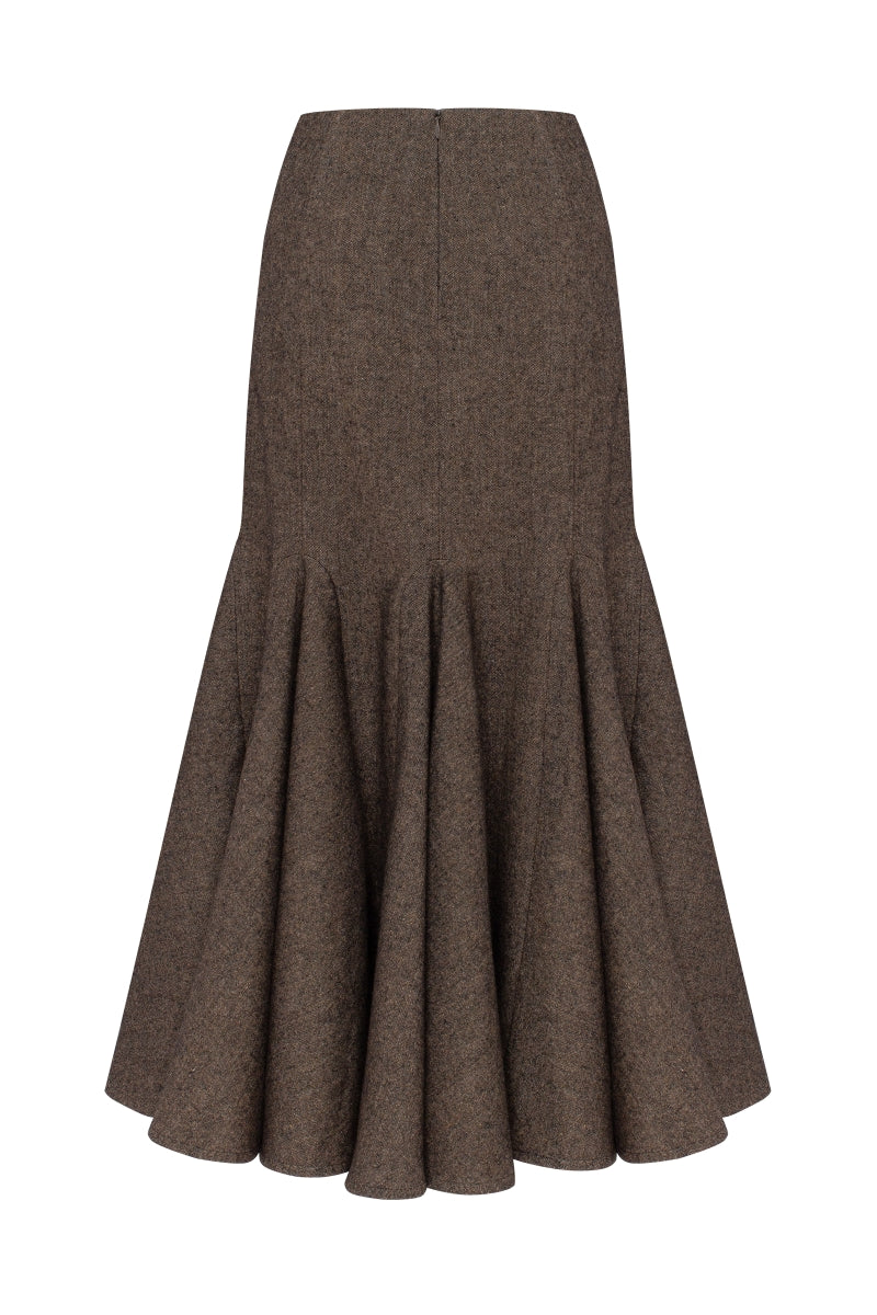 Podyh Seccesia midi skirt in rich brown fabric, knee-length with a chic, flowy design and subtle waistband detail.