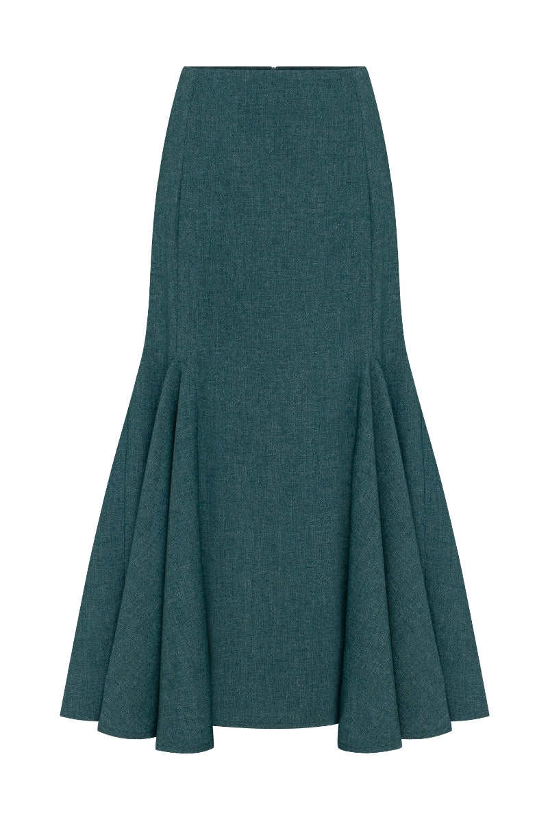 Podyh Secessia teal midi skirt with a flowy silhouette and subtle pleats, styled for elegant casual wear.
