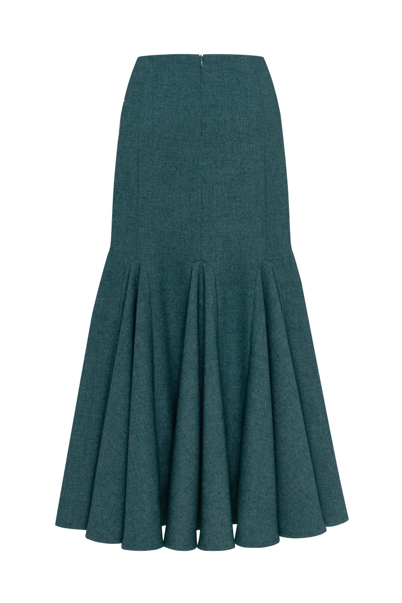 Podyh Secessia midi skirt in rich teal fabric, shown in a close-up view highlighting its flowy design and vibrant color.