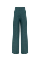 Podyh Seccesia pants in rich teal fabric with a relaxed fit, shown on a model standing against a neutral background.