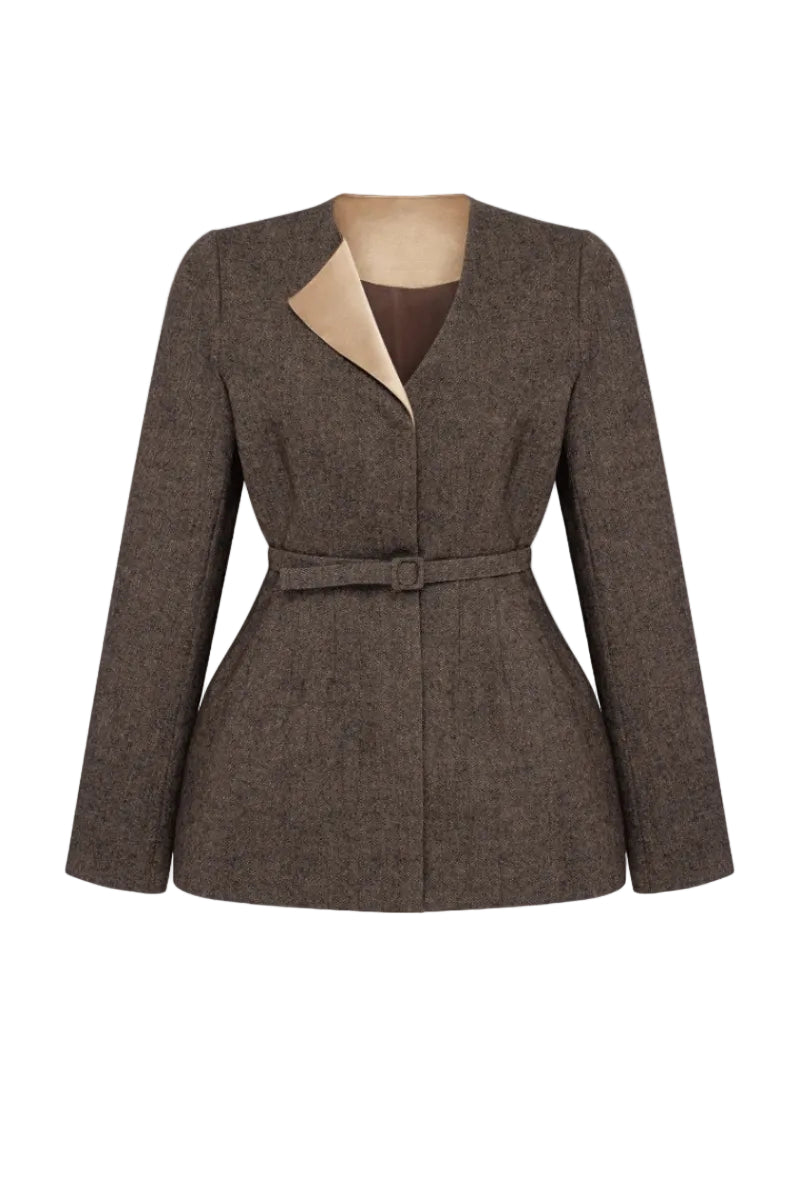 PODYH Seccesia brown blazer jacket, tailored fit with lapel collar and front buttons, stylish for formal or casual wear.