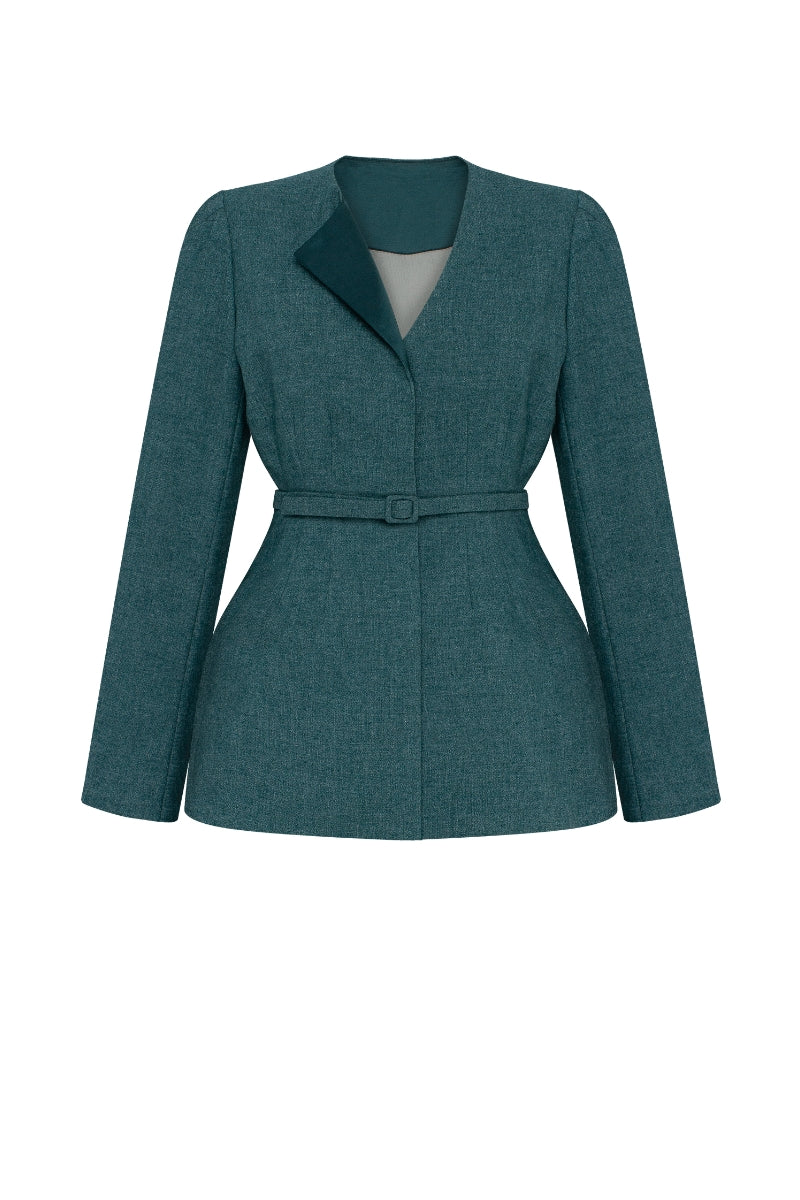PODYH Seccesia blazer in rich teal, tailored blazer with structured fit and lapel collar, stylish and versatile for formal or casual wear.