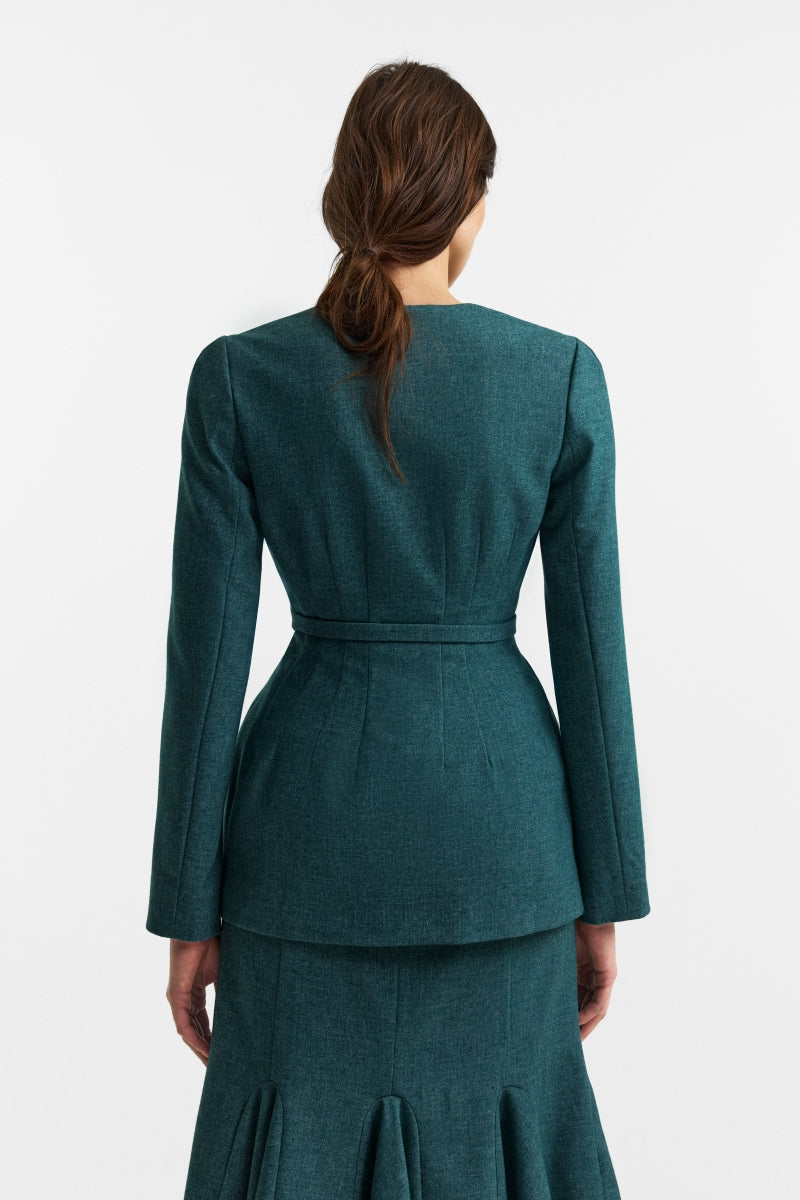 PODYH Seccesia blazer in rich teal, tailored blazer with structured fit and lapel collar, front pockets, and sleek style.