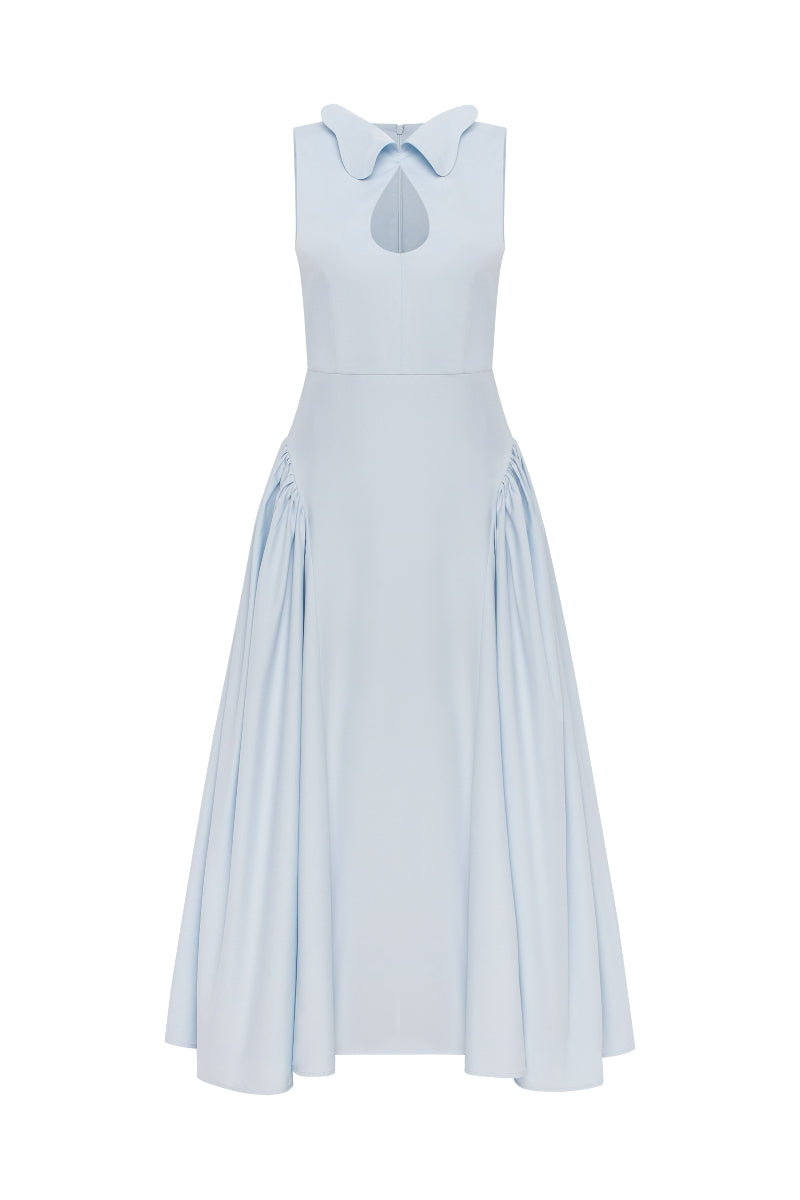Celestial blue PODYH midi dress with a flowing silhouette, featuring a soft fabric and elegant design.