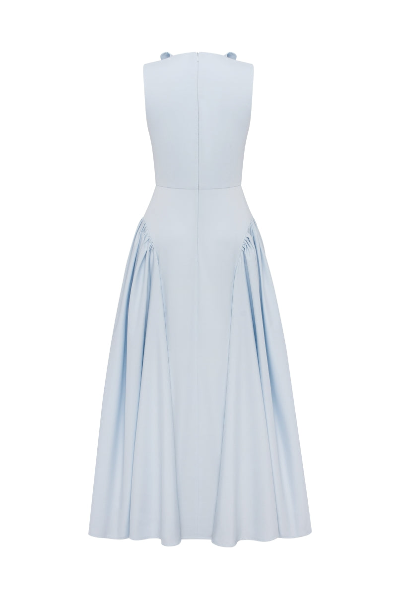 Celestial blue PODYH FOUET midi dress featuring a flowing silhouette and stylish design, displayed on a model.