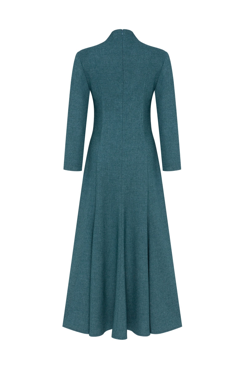 PODYH rich teal EDICULE midi dress displayed on a hanger, showcasing its elegant design and flowing fabric.