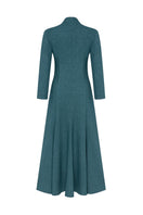 PODYH rich teal EDICULE midi dress displayed on a hanger, showcasing its elegant design and flowing fabric.