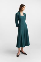 Rich teal PODYH Edicule midi dress with elegant flowy fabric and classic silhouette, perfect for stylish occasions.
