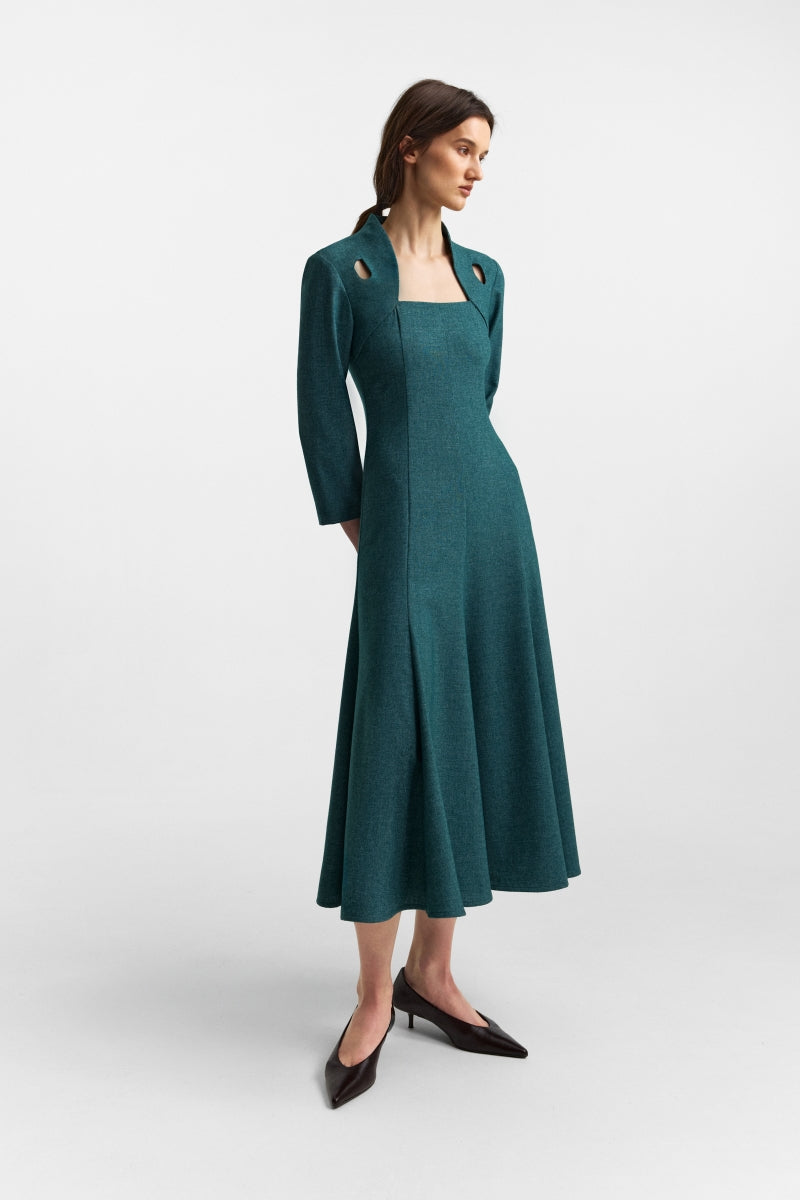 Rich teal PODYH Edicule midi dress with elegant flowy fabric and classic silhouette, perfect for stylish occasions.