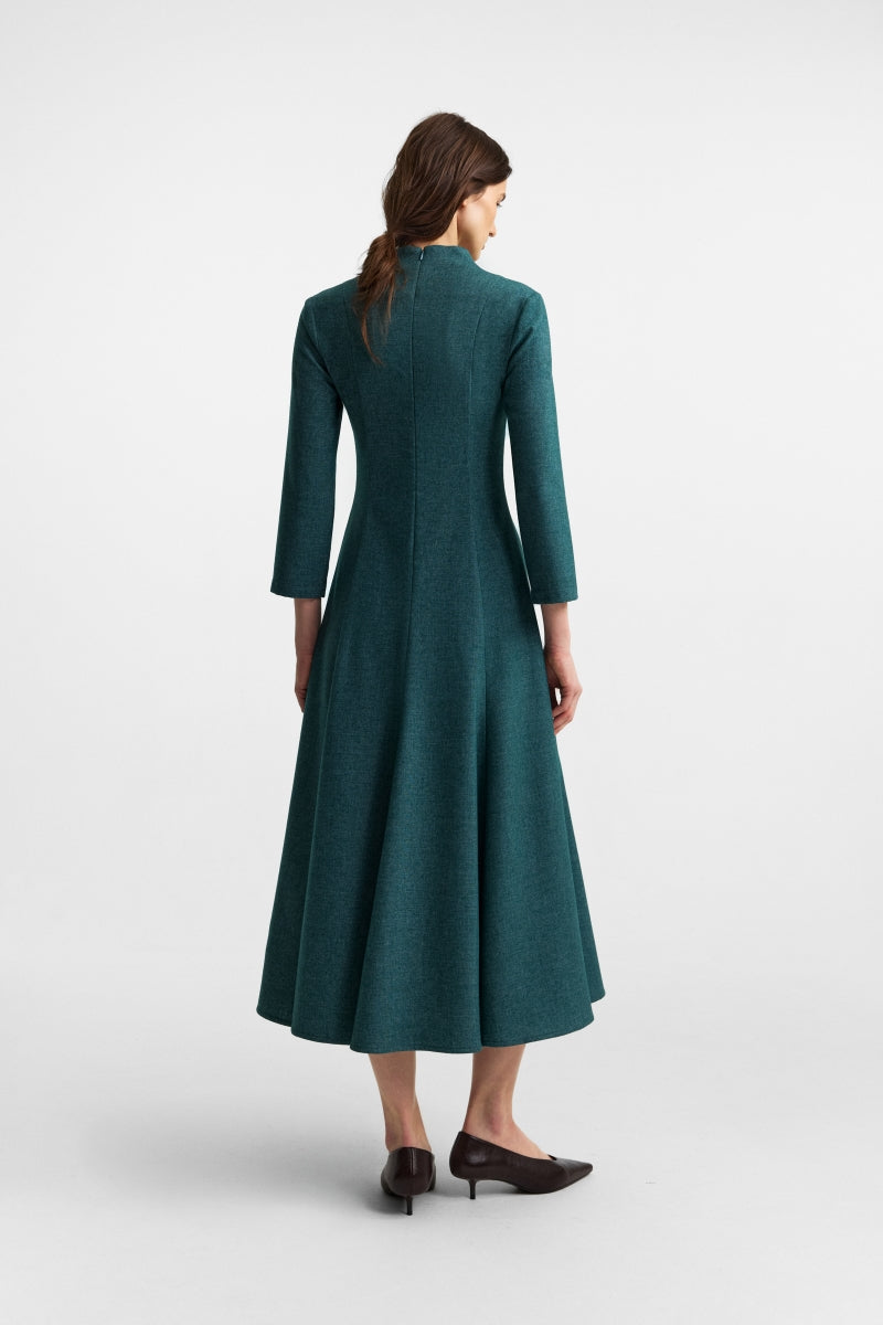 Podyh Edicule teal midi dress with fitted waist and flowing skirt, elegant and stylish for special occasions or casual wear.
