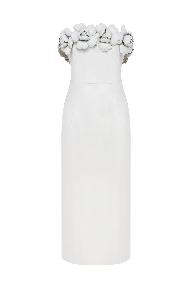 PODYH Capitel taupe midi dress with a fitted bodice and flowing skirt, stylish and elegant for casual or formal occasions.