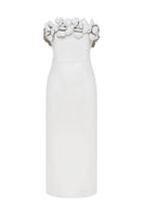PODYH Capitel taupe midi dress with a fitted bodice and flowing skirt, stylish and elegant for casual or formal occasions.
