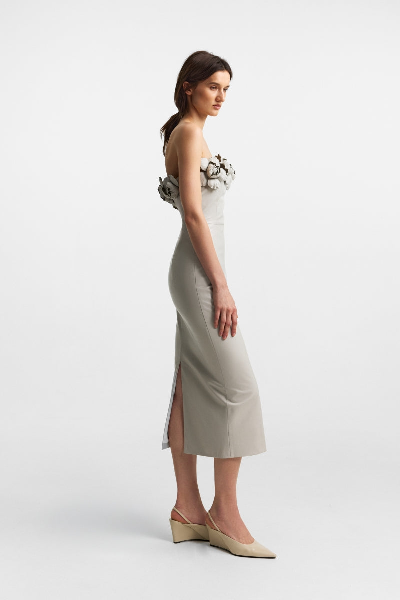PODYH Capitell midi dress in stone taupe fabric, featuring a stylish design perfect for elegant occasions.