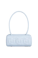 Ice blue PODYH top handle bag with bas relief design, showcasing the stylish bag's textured surface and elegant shape.
