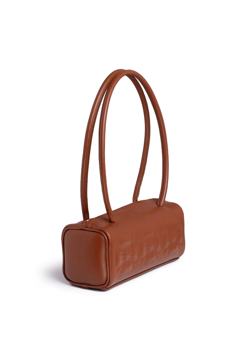 Podyh brown top handle bag with bas relief design, stylish and elegant for everyday use