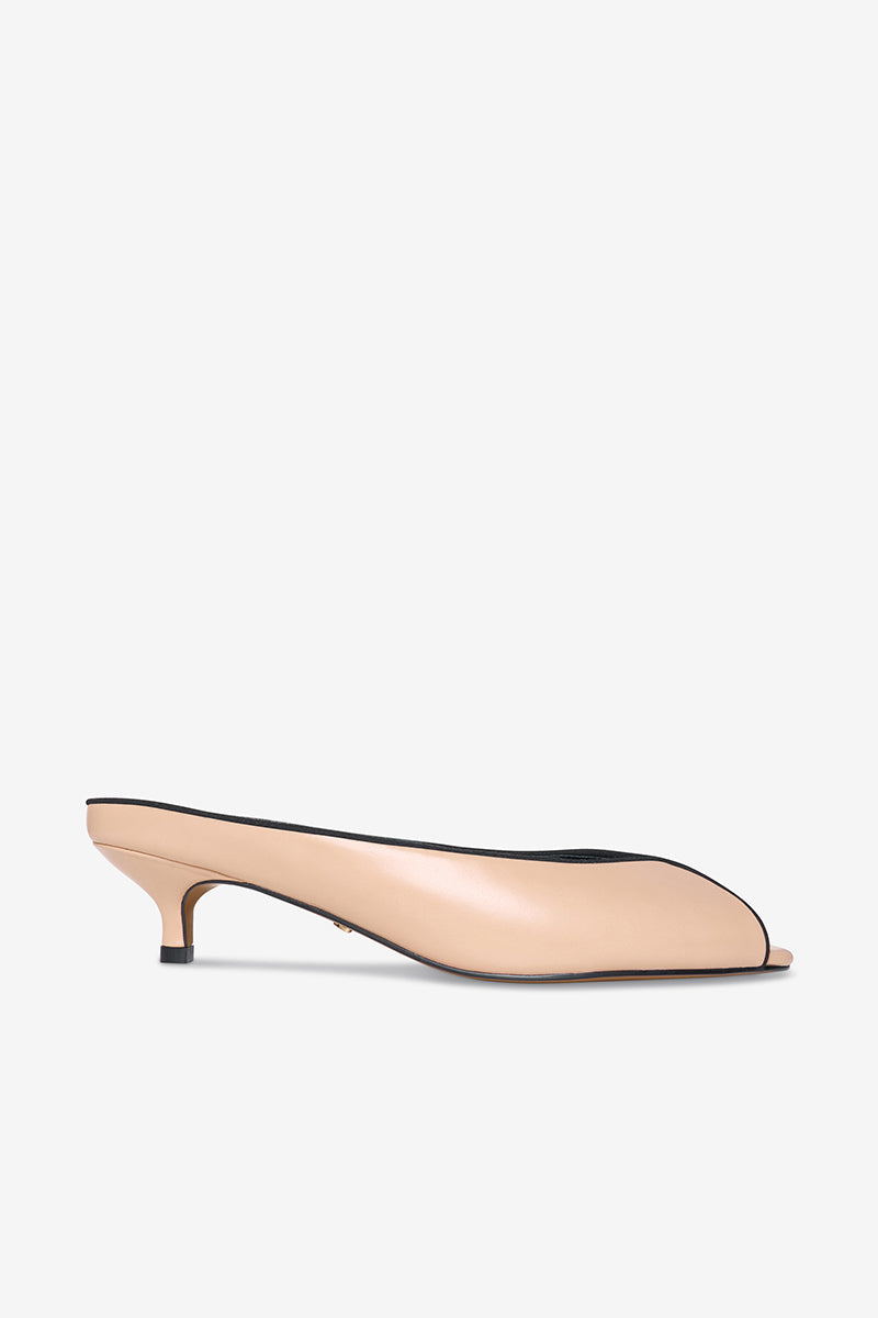 A pair of black AQUILA heels in sand color by 10TH FLOOR, showcasing stylish high-heeled footwear with a sleek design.