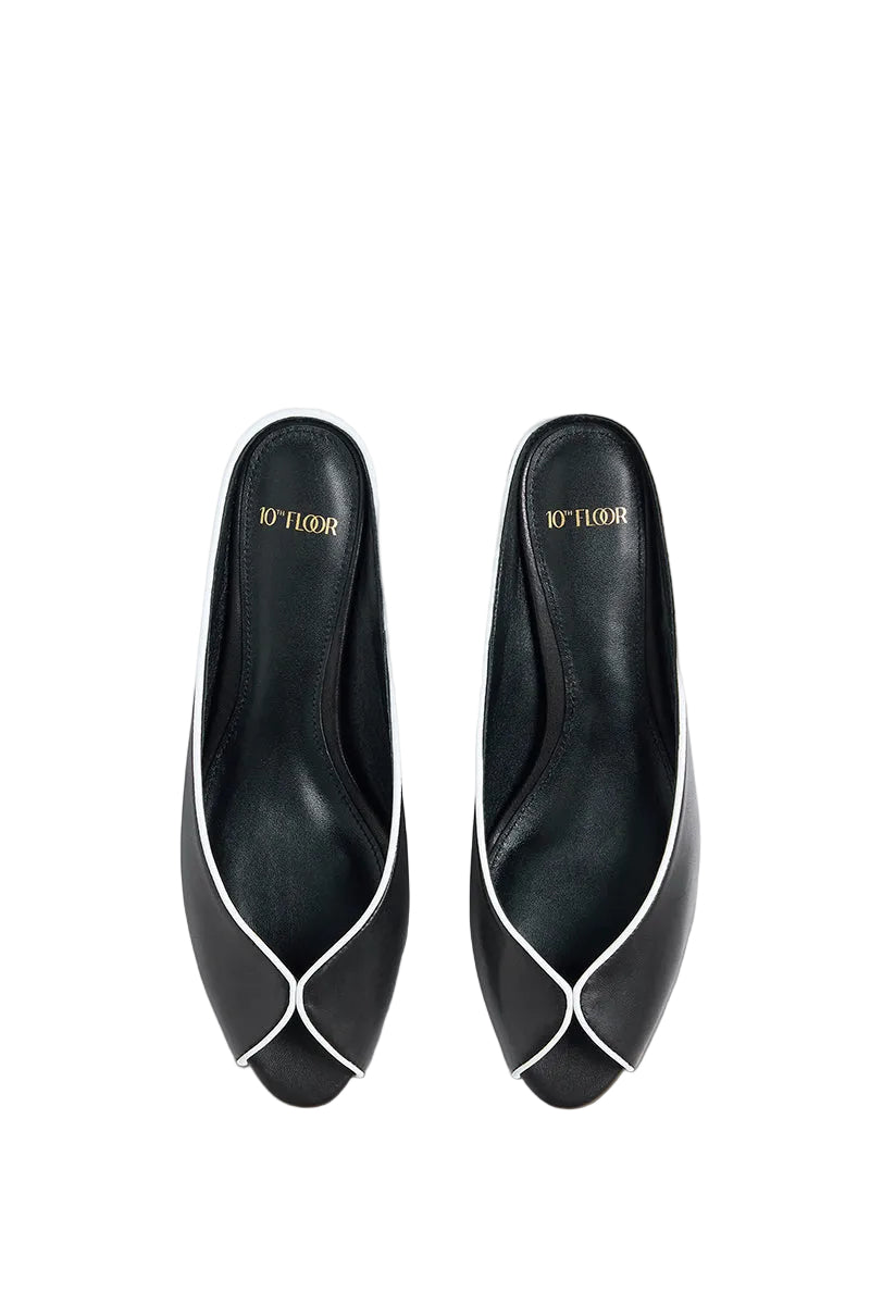 Black AQUILA heels by 10TH FLOOR featuring sleek design and pointed toe, perfect for elegant and stylish footwear.