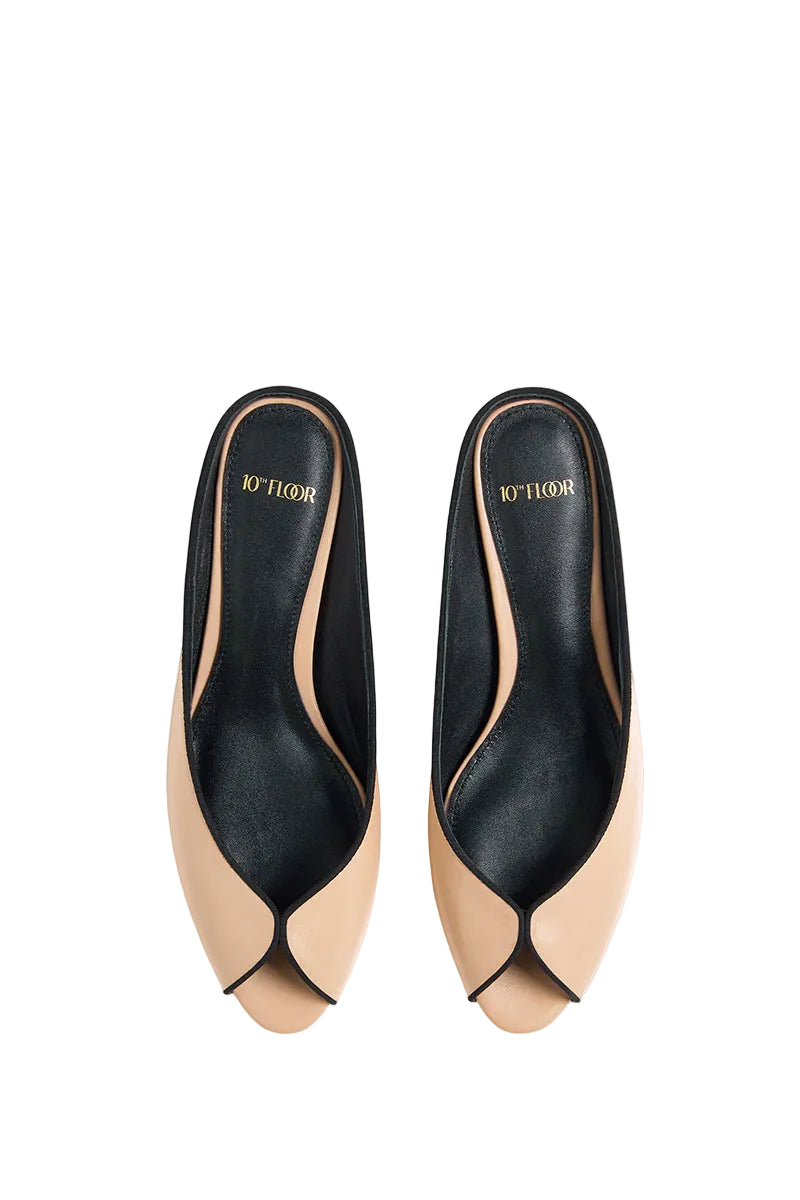 Pair of 10th Floor Aquila heels in sandy beige color, featuring stylish open-toe design and chunky heel.