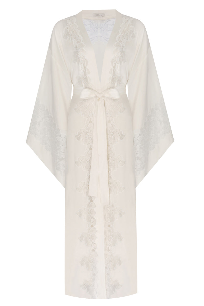 Bocan Couture Arabella cupro robe draped on a hanger, showcasing lightweight fabric and relaxed fit for elegant loungewear.