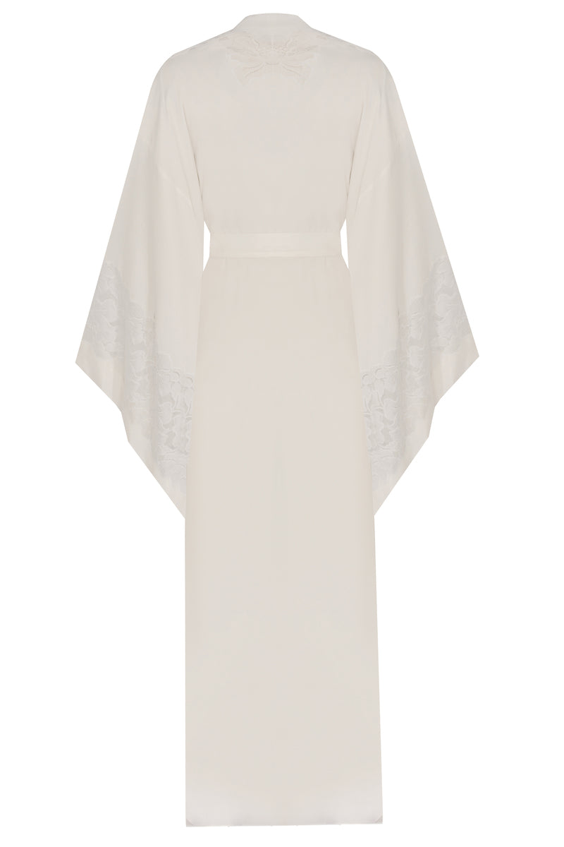 Bocan Couture Arabella cupro robe displayed flat, showcasing soft fabric, relaxed fit, and elegant design details.