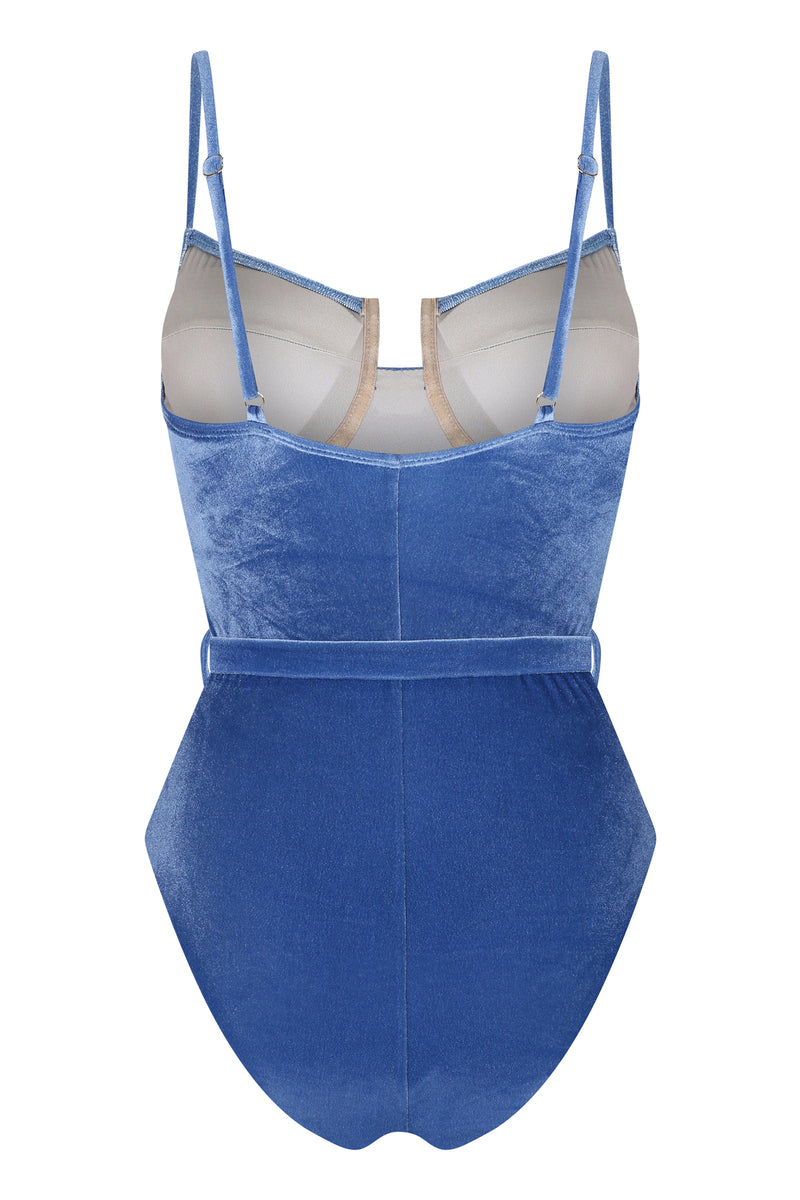 Nelblu Arena one-piece swimsuit in Atlantic color, back view showcasing the stylish design and comfortable fit.