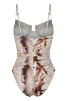 Nelblu Arena one-piece swimsuit with a stylish cafe print, shown from the back, featuring a fitted design and vibrant pattern.