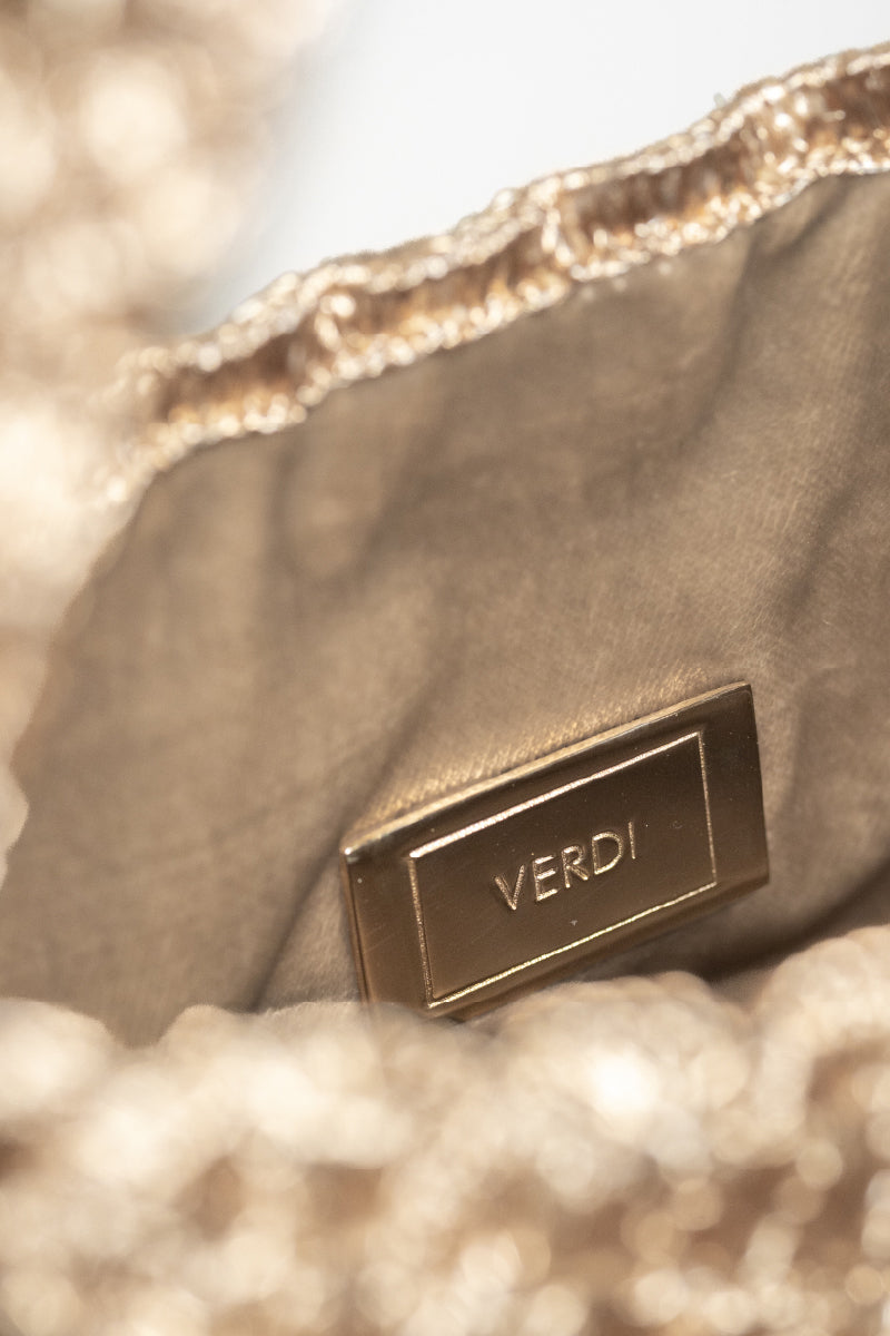Gold Verdi Arista seashell shoulder bag with elegant design and textured shell pattern.