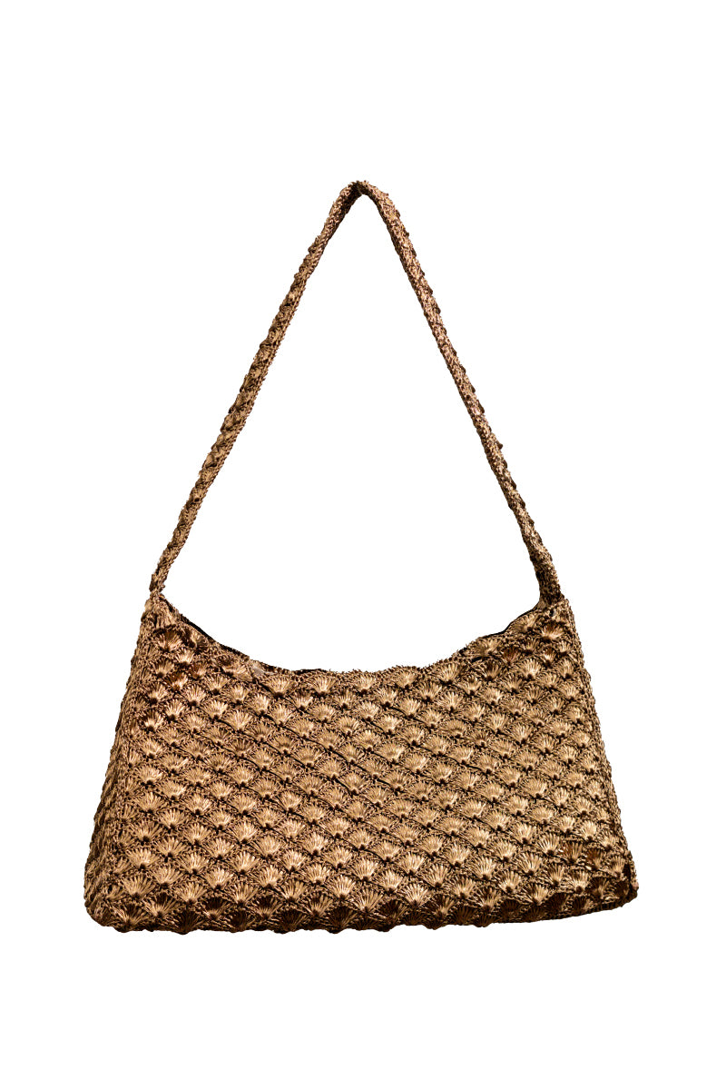 Verdi Arista seashell shoulder bag in antique brass with detailed shell design and stylish strap.
