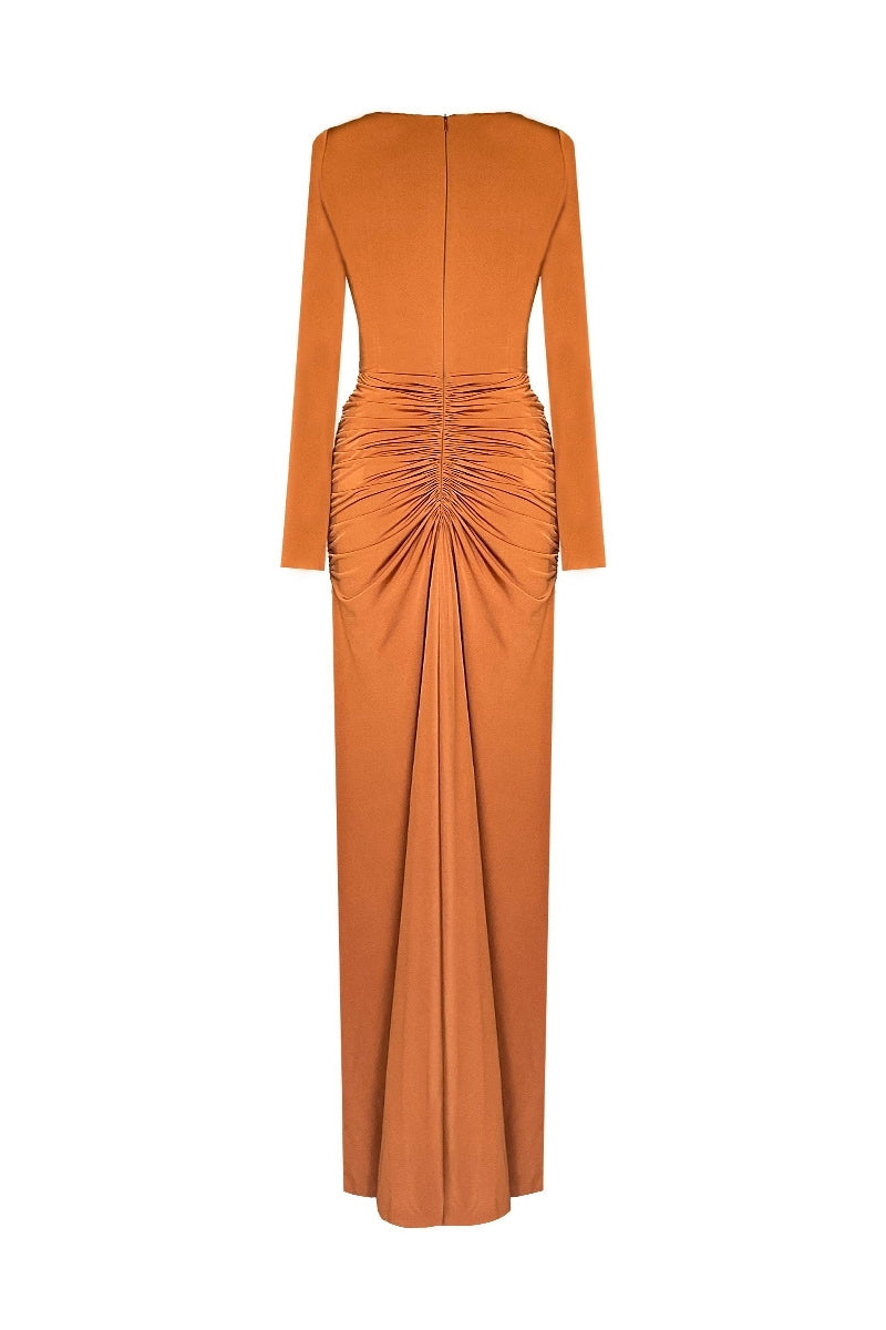 Gigii's ARYA maxi dress featuring flowing fabric and a stylish design perfect for elegant occasions.