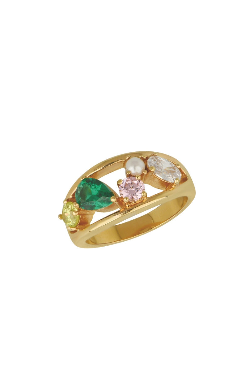 Amelia Scott Sofia cluster ring featuring flamingo and gold accents, showcasing a delicate and stylish jewelry piece.