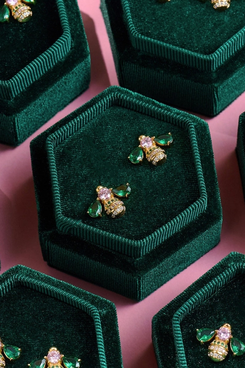 Beatrice jewelled bee stud earrings by Amelia Scott featuring gold-tone bee designs with sparkling embellishments.