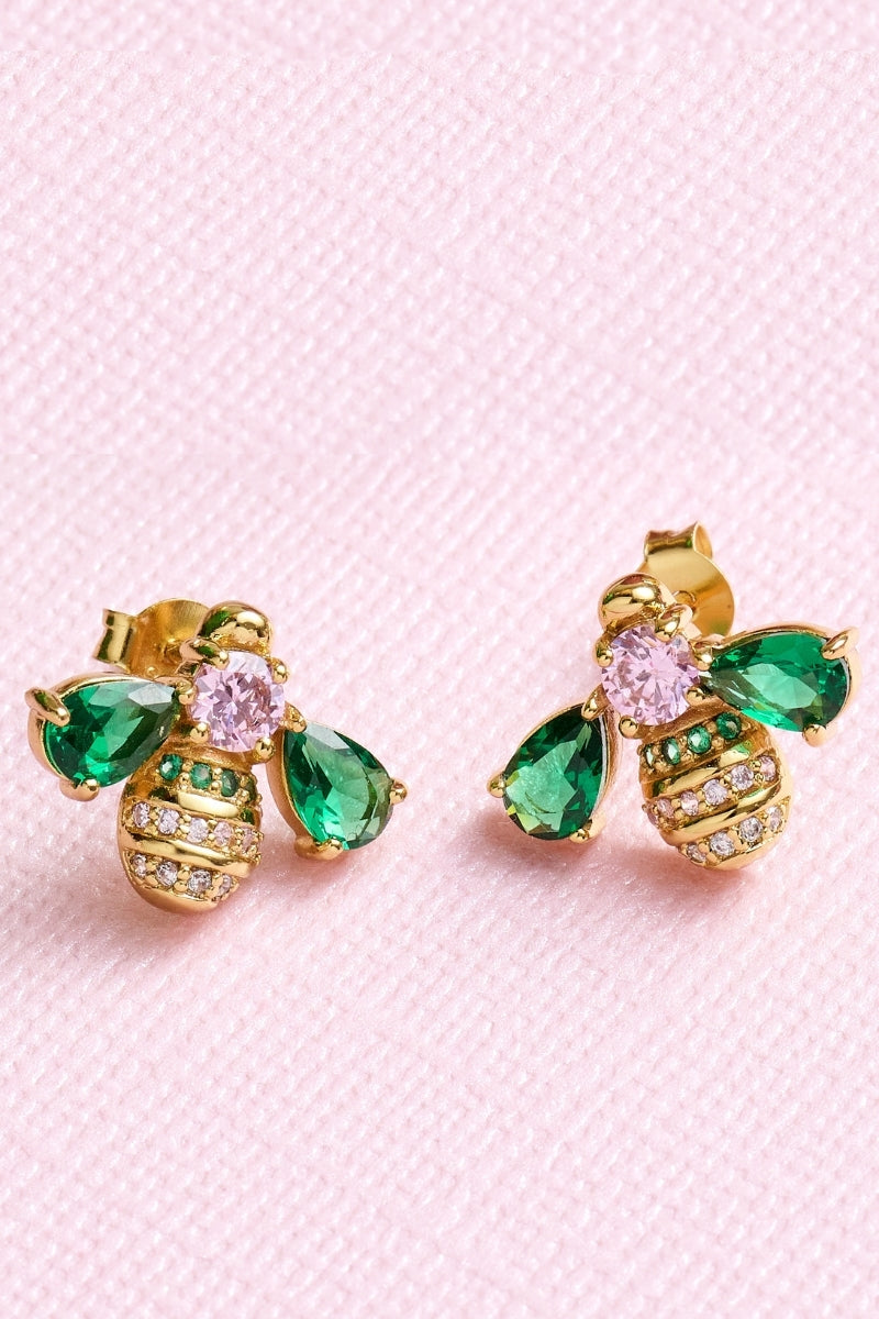 Gold Beatrice Jewelled Bee Stud Earrings by Amelia Scott, featuring intricate bee design with sparkling gemstones.