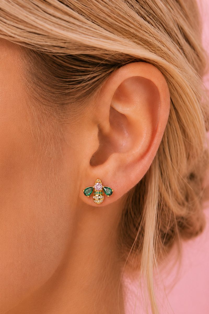 Elegant Beatrice jewelled bee stud earrings by Amelia Scott featuring sparkling bee design on gold-tone studs.