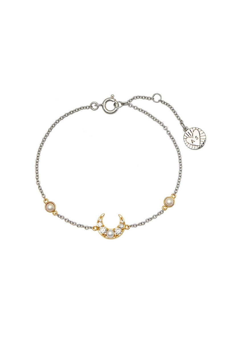 Silver and gold Luna Two Tone Pearl Moon bracelet by Amelia Scott featuring elegant pearl and moon charm design.