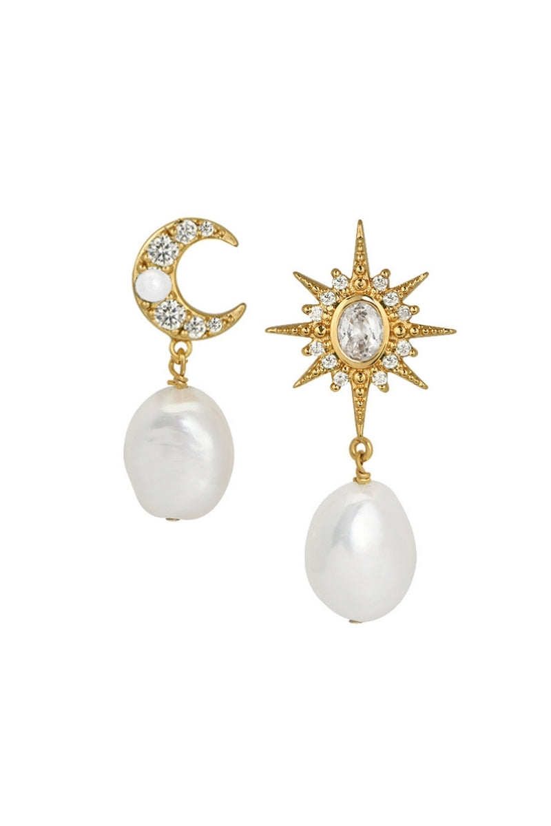 Gold Luna moon and star baroque pearl stud earrings by Amelia Scott, featuring celestial-inspired design and elegant pearl accents.