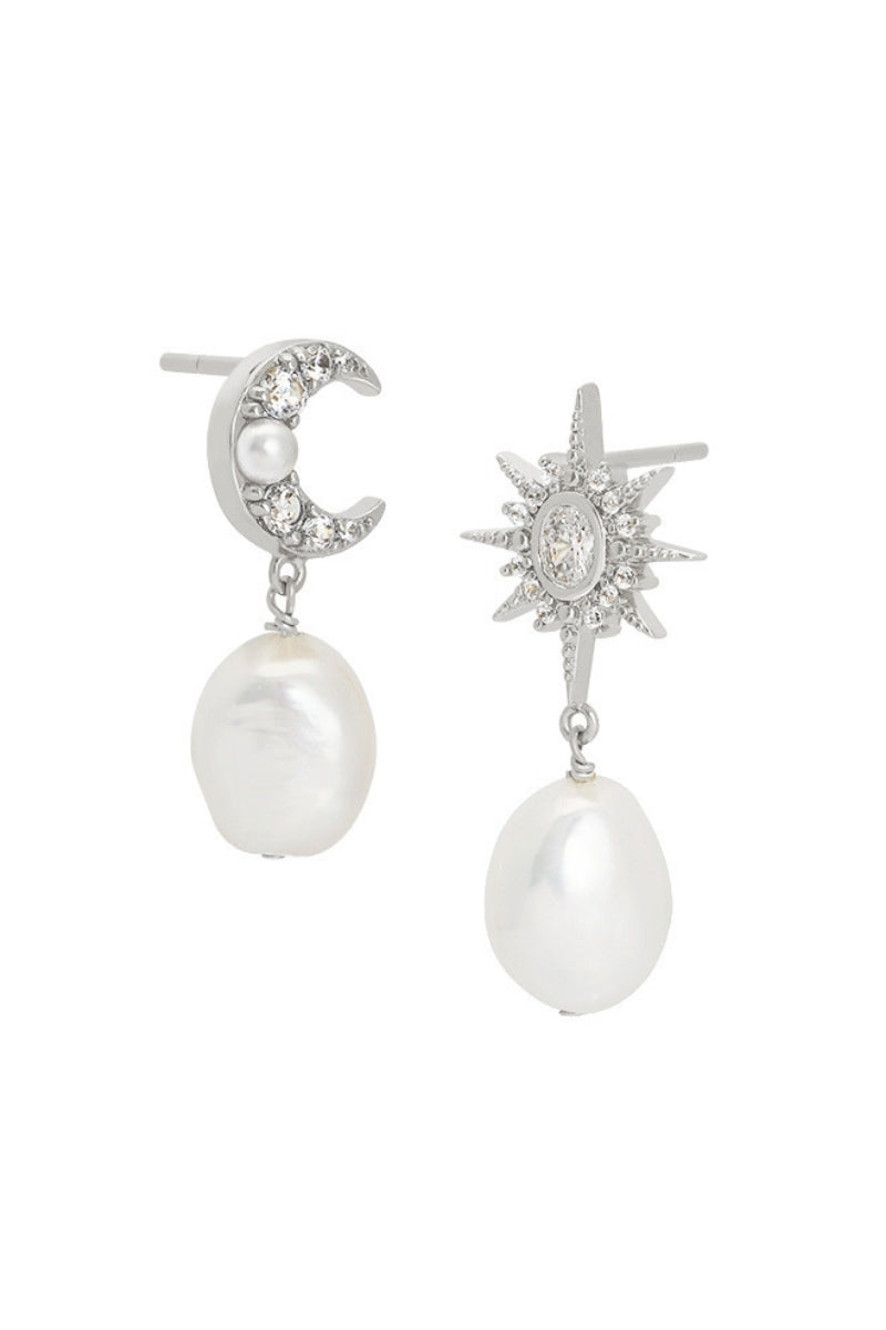Silver Luna moon and star baroque pearl stud earrings by Amelia Scott, featuring elegant moon and star designs with lustrous pearls.