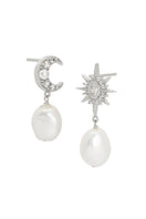 Silver Luna moon and star baroque pearl stud earrings by Amelia Scott, featuring elegant moon and star designs with lustrous pearls.