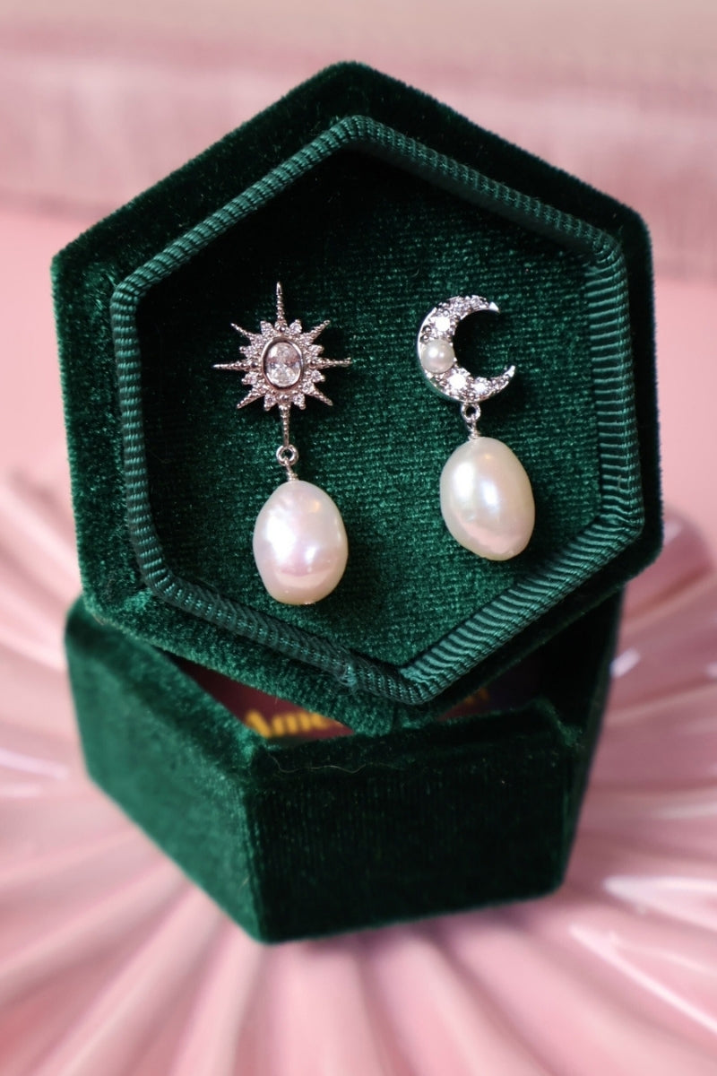 Silver Luna moon and star baroque pearl stud earrings by Amelia Scott featuring celestial design and elegant pearl accents.