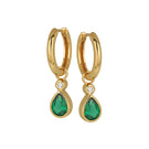 Emerald green and gold Sofia teardrop hoop earrings by Amelia Scott, featuring elegant teardrop shape and intricate gold detailing.