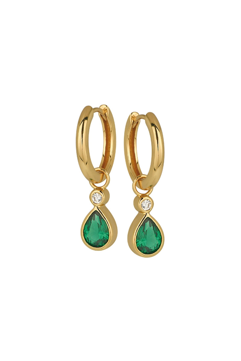 Emerald green and gold Sofia teardrop hoop earrings by Amelia Scott, featuring elegant teardrop shape and intricate gold detailing.